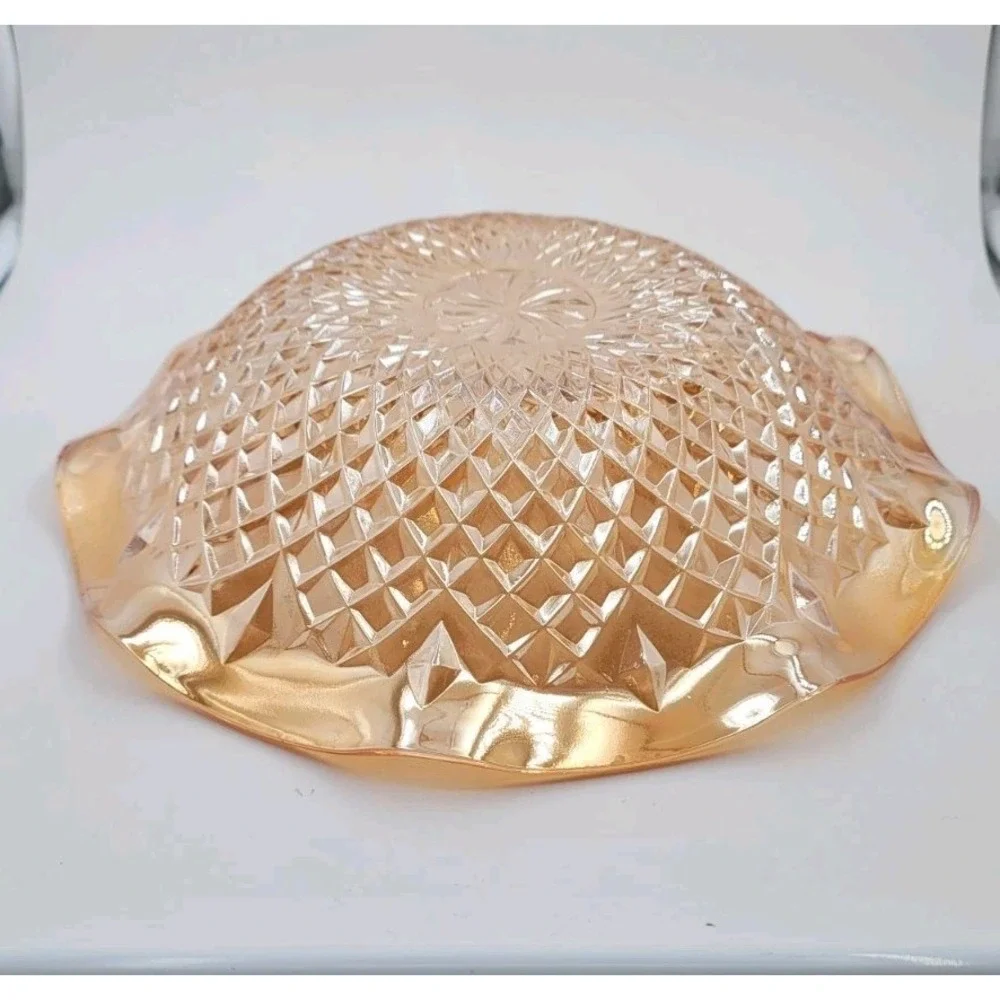 Vintage 1940s Indiana Glass Orange Carnival Glass Ruffled Diamond Point Bowl 11